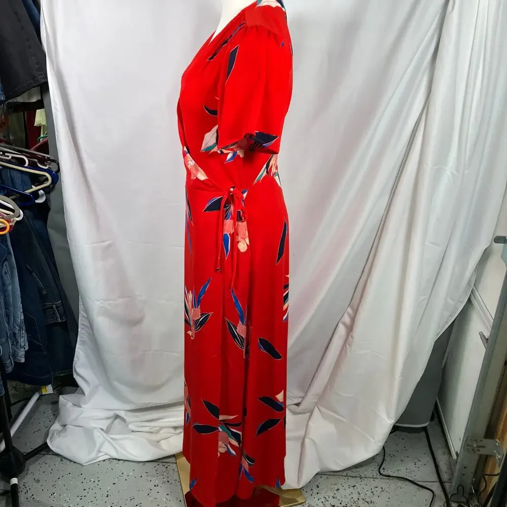 A New Day Red Floral Wrap Midi Dress XS Blue Pink‎ Tie Waist Short Sleeve New